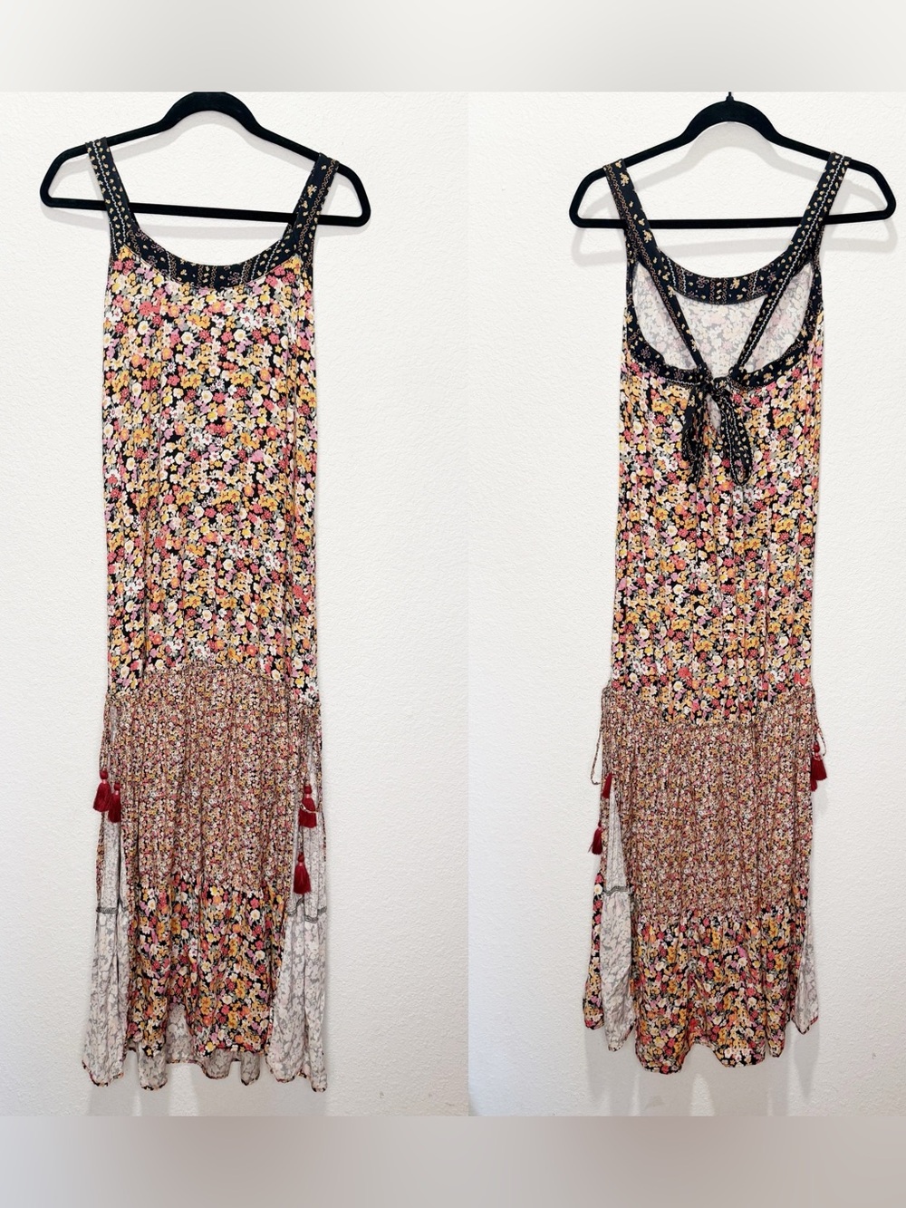 Anthropologie Maaji Alessa Maxi Dress Tassels Slits Floral Tie Back - Picture 5 of 10